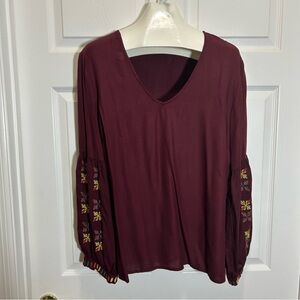 Girl Soul Burgundy Long Sleeve Blouse with Embroidered Sleeves